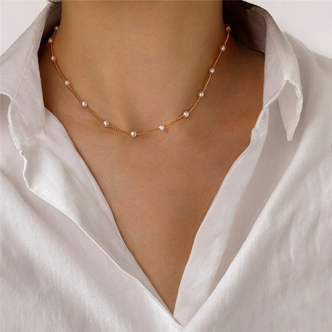 Small Pearl & Gold or Silver Chain Choker Necklace Lady Etsy Australia