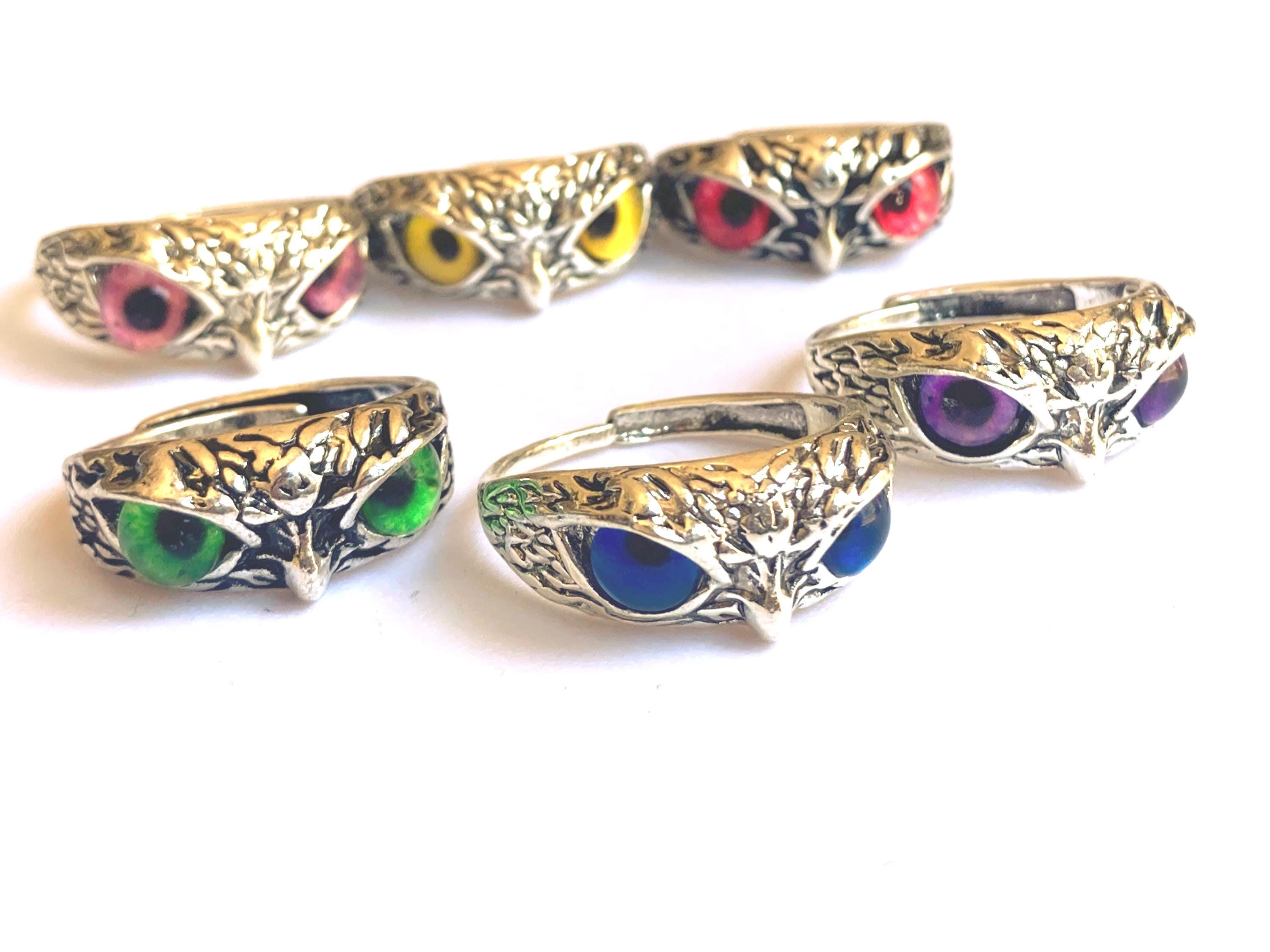 Silver Staring Owl Ring | Blue, Green, Pink, Purple, Red or Yellow Eyes | Adjustable, Fits All Finge