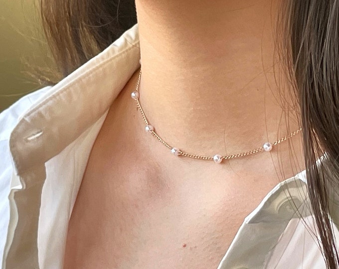 Featured listing image: Small Pearl & Gold or Silver Chain Choker | Necklace Lady Women Girls Satellite Station Chain Adjustable | 35cm + 5cm Extension