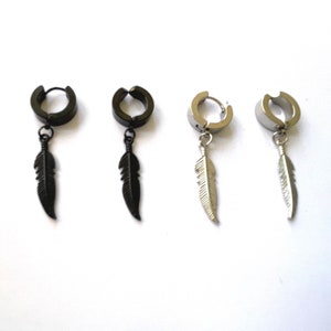 1Pc Feather Black or Silver Pendant Earring | Surgical Titanium Piercing or Non Piercing Dangling American Indian #9