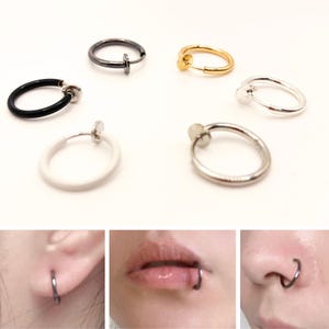 Non Piercing Ring Earring in Gold, Gun Black, Silver, Stainless Steel or White | Ear Cuff Clip On Cartilage Lip Nose Fake Piercing