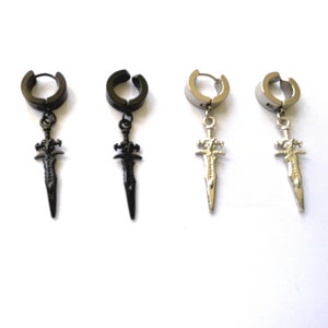 1Pc Sword Pendant Earring in Black or Silver | Surgical Titanium Piercing or Non Piercing Dangling Dagger Knife Blade #3
