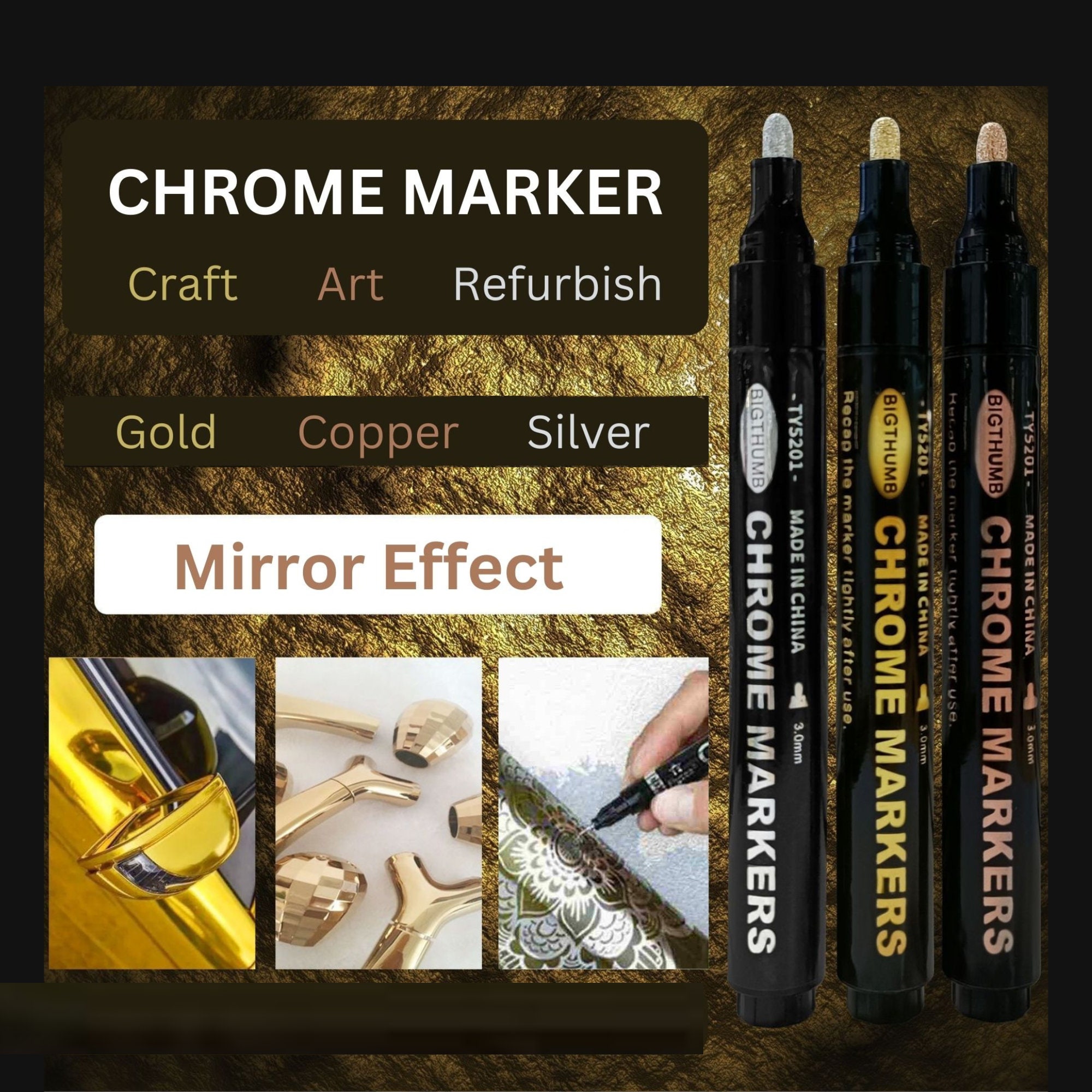 Copper Liquid Chrome Marker Set: 5pcs Oil- based Liquid Chrome Paint Pen,  Permanent Reflective Chrome Touch Up Markers for Model Metal Plastic Glass