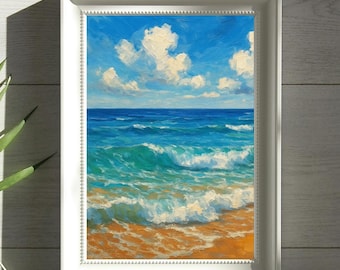 Lámina de pintura al óleo de olas del océano para decoración de paredes de casas de playa costeras. Descarga digital instantánea.