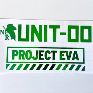 May include: Green and white sticker with the text "UNIT-00" and "PROJECT EVA". The sticker features a green leaf logo with the letters "NERV" in the center.