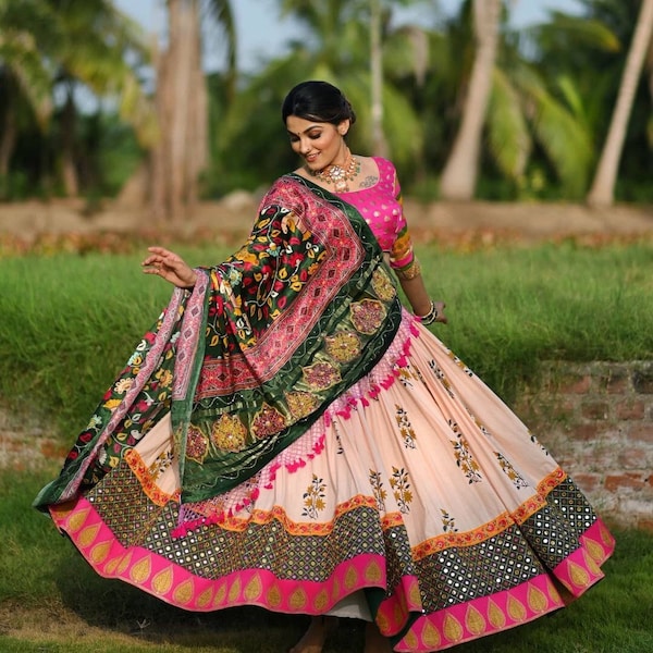 HEAVY FLUID SILK Traditional Navratri Lehenga Choli, Garba Choli Gujarati Special Lehenga Choli Multi Color Real Mirror Work Chaniya Choli