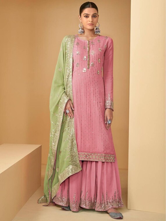 Buy INDYA Hot Pink Mirror Work High Slit Kurta online