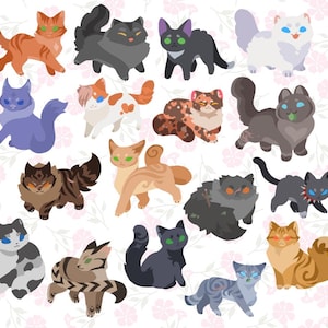 Pu&ograve; includere: Una collezione di illustrazioni di gatti dei cartoni animati in vari colori e motivi. I gatti hanno pose ed espressioni diverse, con dettagli come strisce, macchie e diversi colori degli occhi. Lo sfondo presenta un motivo floreale.