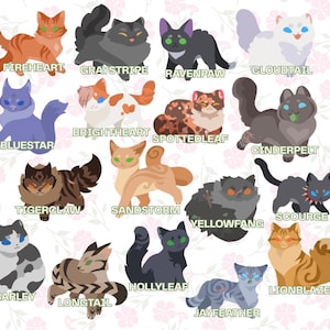 Pu&ograve; includere: Una collezione di gatti illustrati, ognuno con un design e un nome unici. I gatti variano di colore, tra cui arancione, grigio, nero, bianco e marrone. Ogni gatto ha una posa ed espressione distinte, con nomi come Fireheart e Graystripe.
