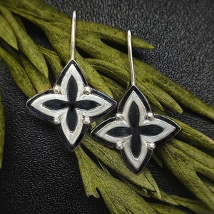Handmade Sterling Silver 925 Inspired Medieval Fantasy Earrings Cathedral Gothic Architecture Black Oxidized. Elben Elfique Quatrefoil