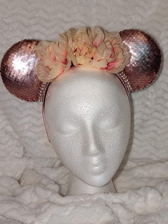 Disney Rose Gold Sequin Minnie Ear Headband with Pink Floral Accents Disney Parks Minnie Mouse Rose Gold Sequin Ear Headband with  main image 3
