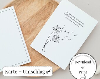 Plain Dandelion Condolence Card with Matching Envelope with Black Border, Digital Download, Available Immediately