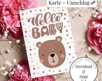 Karte zur Geburt, Hello Baby, Digitaler Download, sofort verfügbar, Babykarte, Glückwunsch zum Baby