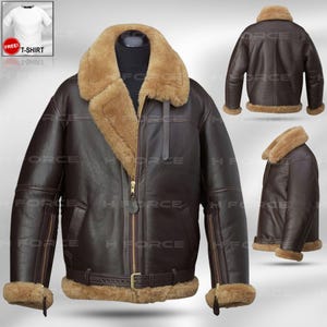 Men’s Nappa Shearling B3 Bomber Jacket – Real Sheep Skin Brown Leather Aviator Pilot Winter Coat with Fur Collar + Free T-Shirt Gift,
