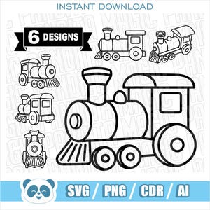May include: A digital collection of 6 black and white line art train designs. The graphic features various steam locomotive illustrations in different orientations, including side and front views, with the text 6 DESIGNS and SVG PNG CDR AI.