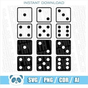 May include: A digital graphic featuring twelve square dice icons arranged in a grid. The top two rows show white dice with black pips, while the bottom two rows show black dice with white pips. The text INSTANT DOWNLOAD appears at the top.