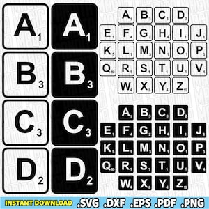 May include: A digital collection of alphabet letter tiles featuring the full A through Z set in two distinct styles: white tiles with black letters and black tiles with white letters. Each tile displays a letter and its corresponding numerical value.