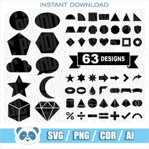 Peut inclure: Ensemble d'éléments de design numérique noirs et blancs, comprenant des formes géométriques, des flèches et des symboles. Le texte "63 DESIGNS" et "INSTANT DOWNLOAD" est inclus. Formats : SVG, PNG, CDR et AI.