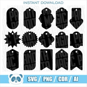 Peut inclure: Une collection de quinze étiquettes cadeaux en silhouette noire de formes géométriques variées, chacune avec un petit trou circulaire en haut. L'image inclut le texte INSTANT DOWNLOAD en haut et SVG, PNG, CDR, AI en bas.