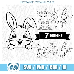 May include: Black and white digital download featuring seven bunny designs. The designs include a large bunny face and several smaller bunnies peeking over or holding onto a line. Text includes "7 DESIGNS" and file type options.