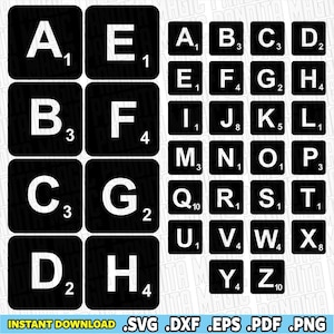 May include: A digital graphic set featuring black square tiles with white capital letters and numerical values, mimicking the style of board game pieces. The collection includes individual tiles for every letter of the alphabet from A to Z.