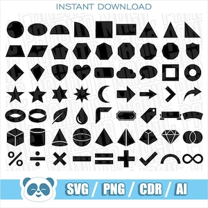 Puede incluir: Formas geométricas y símbolos negros, incluyendo círculos, cuadrados, triángulos y flechas. La imagen también incluye símbolos matemáticos y el texto "INSTANT DOWNLOAD" y "SVG / PNG / CDR / AI".