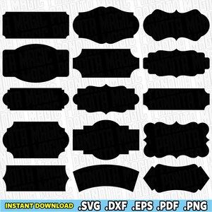 May include: A collection of fifteen solid black labels in various geometric shapes, including rectangles, ovals, and decorative frames with scalloped or notched edges, arranged in a grid pattern against a white background with faint text.