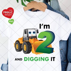 Ich bin 2 und baggere es, niedliches Bulldozer 2. Geburtstag PNG, Bauthema Geburtstagsfeier Shirt, zwei Jahre alter Geburtstagsjunge