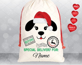 Könnte beinhalten: Ein cremefarbener Geschenksack mit Kordelzug und einer Grafik eines Hundes mit roter Weihnachtsmütze. Der Sack zeigt einen grünen Stempel mit DO NOT OPEN BEFORE 25 DECEMBER, einen schwarzen North Pole Express Stempel und den Text SPECIAL DELIVERY FOR: Name.