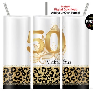 Bicchiere leopardato per il 50° compleanno Avvolge 2 disegni a sublimazione Stampa leopardata Sfondo bianco e nero 50 e favoloso, bicchiere sottile da 20 once
