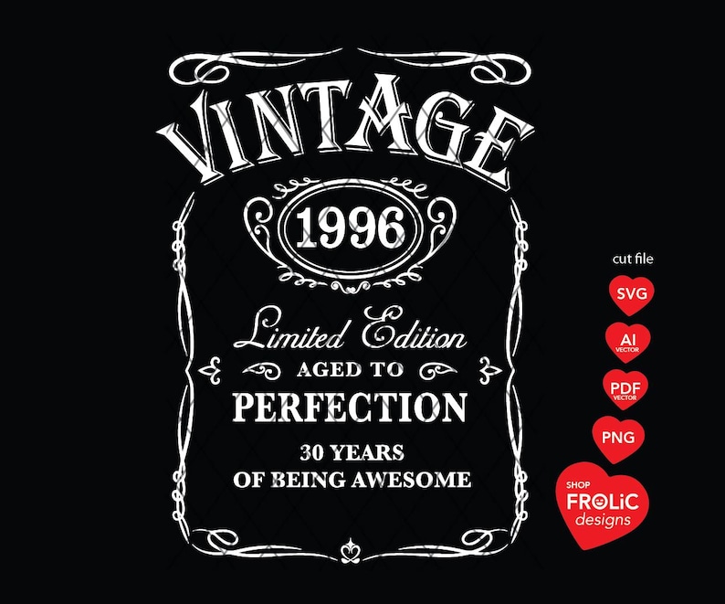 Vintage 1996 Whiskey Label SVG, 30th Birthday men SVG Design, Limited Edition SVG Aged to Perfection Classic Birthday Shirt Instant Download image 2