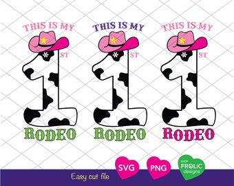 May include: Three images of a cow-print number one with a pink cowboy hat and the text "This is my 1st Rodeo".