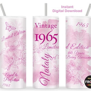 Vintage 1965 60º aniversário feminino Tumbler Wrap 1965 Edição limitada envelhecida até a perfeição 60 anos de idade aniversário MÃE 20oz Skinny Tumbler Wrap PNG