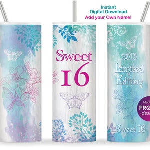Sweet 16 design, 2010 Limited Edition, 16th Birthday girl Gift, 20oz Skinny Tumbler Sublimation PNG Download image 1