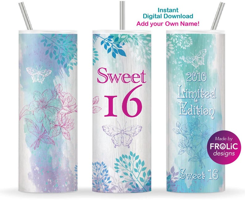 Sweet 16 design, 2010 Limited Edition, 16th Birthday girl Gift, 20oz Skinny Tumbler Sublimation PNG Download image 1