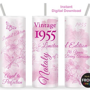 Vintage 1955 70º aniversário feminino rosa choque sublimação 1955 edição limitada envelhecida até a perfeição 70 anos 20oz Skinny Tumbler Wrap Download