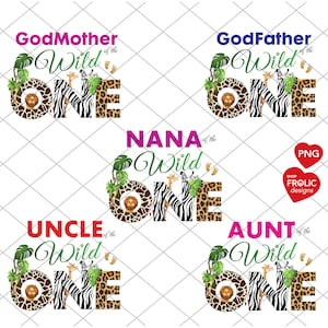 Wild One Bundle Design familial, grand-mère, marraine, parrain, oncle, tante, anniversaire safari avec les animaux du zoo, sublimations de chemises, téléchargement immédiat
