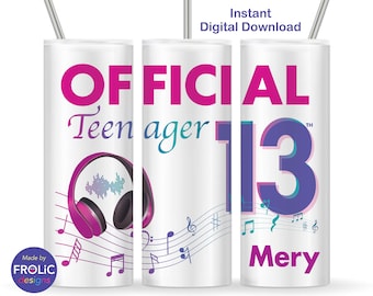 Official Teenager Sublimation Wrap 13th Birthday girl, 20 oz Skinny Tumbler Seamless Design Instant Digital Download
