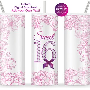 Sweet 16 Tumbler Wrap Hot pink 16th Birthday girl Gift 20oz Skinny Tumbler Sublimation Wrap Sweet 16 gifts for girls, Instant Download