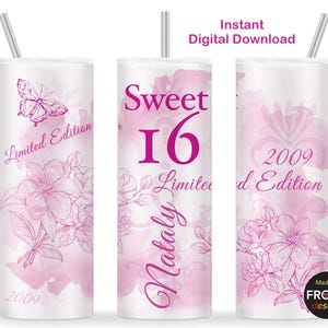 Sweet 16 édition limitée 2009 Sublimation cadeau 16e anniversaire Sublimation 20 oz skinny rose fuchsia emballage cadeau Sweet 16 cadeaux pour filles Télécharger
