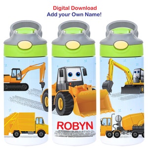 Simpatici camion da costruzione con escavatori mostruosi, regalo per bambino, bicchiere da 12 once per bambini, stampa a sublimazione per bicchieri con beccuccio da 12 once, bicchiere con tappo a ribalta.