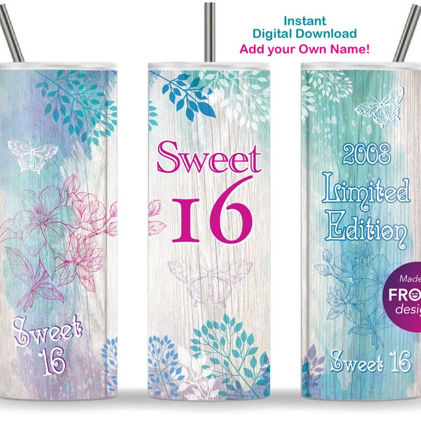 Sweet 16 Sublimation Tumbler Wrap Limited Edition 2008 16th Birthday Gift, Sweet 16 gifts for girls, 20oz Skinny Tumbler Wrap PNG Download