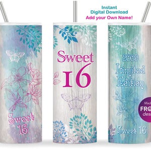 Sweet 16 Sublimationsbecher Wrap Limited Edition 2009 16. Geburtstagsgeschenk, Sweet 16 Geschenke für Mädchen, 20 Unzen Skinny Tumbler Wrap PNG Download