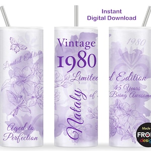 Vintage 1980 45e verjaardag vrouwen sublimatie Limited edition 1980 tot in de perfectie gerijpt 45 jaar oud, 20oz magere Tumbler Wrap Instant Download
