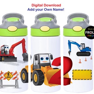 Cadeaux pour garçon 2e anniversaire, emballages de gobelet Monster Digger, camions de construction, gobelet à rabat PNG, emballage de gobelet pour enfants 12 oz, téléchargement immédiat