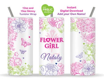 Flower Girl Tumbler Wrap Pink Bundle – 12oz & 15oz Sublimation PNGs – Add Your Own Name - Petal Patrol Wedding Gift – Instant Download