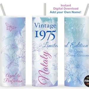 Vintage 1975 50th Birthday Tumbler Wrap, 1975 Edição limitada envelhecida até a perfeição 50 anos, 20oz Skinny Tumbler Seamless Sublimation