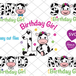 Pacote de família SVG para menina de 1º aniversário Camisetas para meninas de 1º aniversário SVG Aniversário de bebê SVG, designs de camisetas para festa, Festa de fazenda para família, Download instantâneo