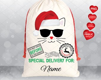 Könnte beinhalten: Ein cremefarbener Beutel mit Kordelzug und einer Grafik einer Katze mit roter Weihnachtsmütze und schwarzer Sonnenbrille. Das Design zeigt eine rote herzförmige Nase, einen North Pole Express Stempel und den Text: DO NOT OPEN BEFORE 25 DECEMBER.