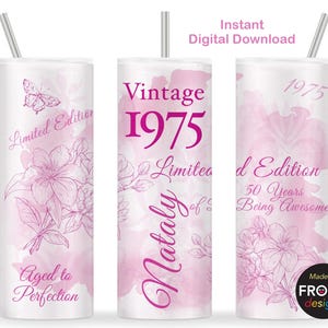 Vintage 1975 50th Birthday Lady Hot Pink Seamless Sublimation 1975 Edizione limitata 1975 Invecchiato alla perfezione 20oz Skinny Tumbler Wrap Scarica